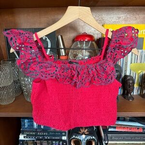 Forever 21 - Red Lace Off Shoulder Ruffle Crop Top - size medium
